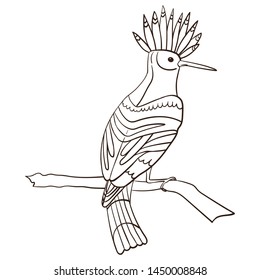 Bird hoopoe, sitting on a branch, sketch. Children`s, vector illustration on white isolated background. Use for magazines, children's books, colorings, prints on clothes.