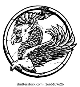 bird with horn and fish scales animal mythology from iran