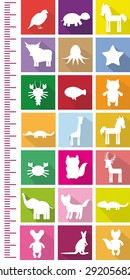 Bird Horse Turtle Octopus Fish cancer giraffe unicorn cat crocodile deer elephant wolf kangaroo white silhouettes on bright colored squares Children height meter wall sticker, kids measure. Vector 