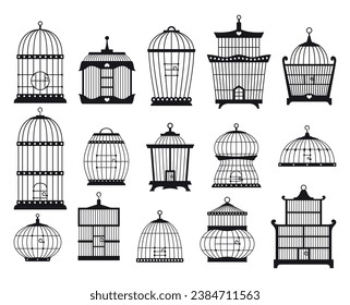 Bird house birdcage black metallic grid different shape vintage jails with closed door set vector flat illustration. Protective wire steel bar lock liberty prison safety silhouette flourish ornate