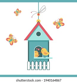Bird house with birds and butterflies on a white background. Happy Easter. Holiday design collection for banner, invitation, poster, stickers. Vector illustration.