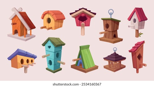 Bird house. Birds nest wooden houses different design of flying birds exact vector illustrations