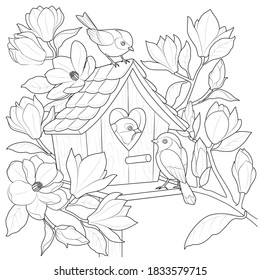 Bird house with birds on a magnolia branch black and white vector illustration