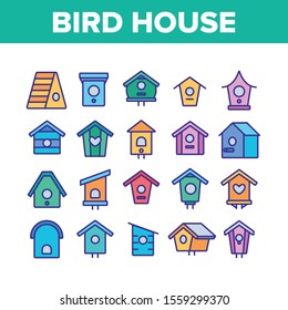 Bird House Collection Elements Icons Set Vector Thin Line. Different Style Wooden Bird House, Shelter For Nestling On Tree Concept Linear Pictograms. Color Contour Illustrations