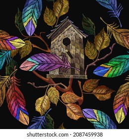 Bird house, colorful feathers and autumn leaves. Seamless pattern. Garden art. Classical embroidery. Template fashionable clothes, t-shirt design