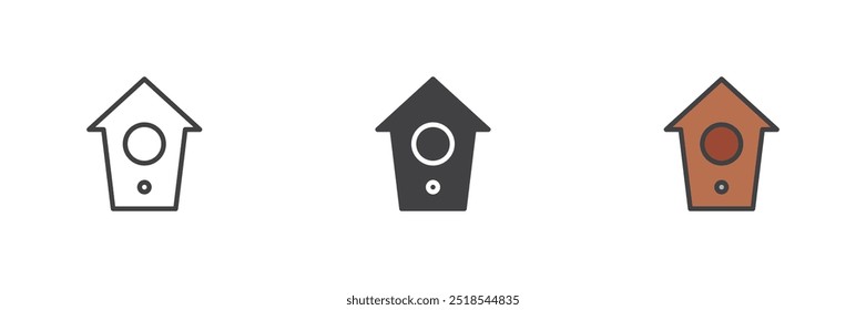 Conjunto de iconos de estilo diferente de casa de pájaro. Línea, glifo y contorno relleno versión colorida, contorno y signo de Vector relleno. Símbolo, ilustración del logotipo. Gráficos de Vector