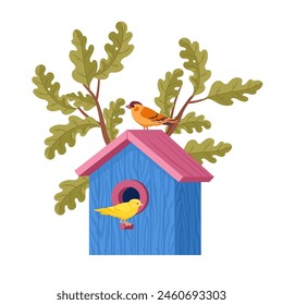 Casa de pájaros con alimentador. Casa de madera del pájaro, hechos a mano adorables nidos de pájaros en la Ilustración vectorial plana del roble. Casa de pájaro de anidamiento de dibujos animados