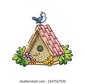 Bird house with flowers and bird, spring garden wooden birdhouse