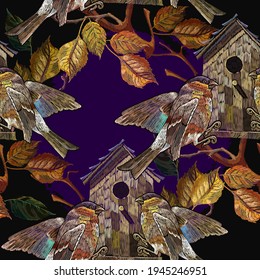 Bird house, golden autumn leaves and birds. Seamless pattern. Garden art. Classical embroidery. Fashion template for clothes, t-shirt design