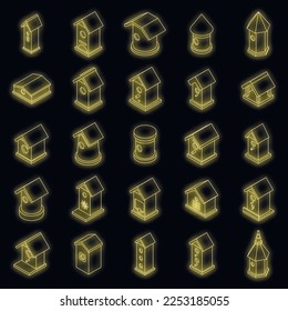 Bird house icons set. Isometric set of bird house vector icons neon color on black