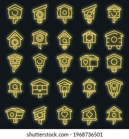 Bird house icons set. Outline set of bird house vector icons neoncolor on black