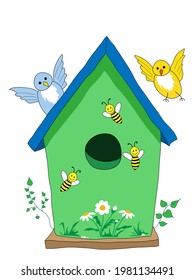 Bird house, nesting box with birds, bees and flowers,
Vector illustration isolated on white background
