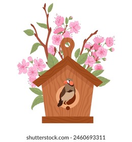 Bird house on blooming tree. Wooden bird house with feeder, hand crafted birds nests on cherry tree flat vector illustration. Cute cartoon nesting bird house