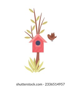 Ave y casa de pájaro en rama, símbolo de la estación primavera caricatura ilustración vectorial