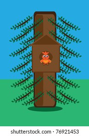 Bird in house on tree. Illustration