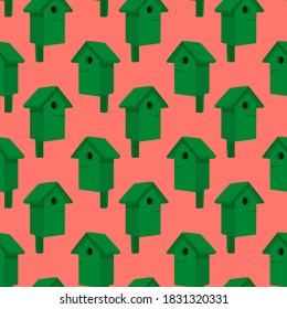 Bird house pattern, seamless pattern on red background.