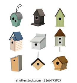 Bird House Set Cartoon. Spring Home, Tree Nest, Cute Animal Home, Wood Branch Feeder Bird House Vector Illustration