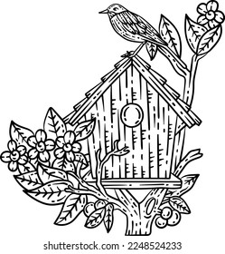 Bird House Spring Coloring Page for Adults