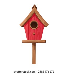 Bird house for spring, summer, or winter birds. Hand drawn red wooden birdhouse, nest, and feeder. Springtime illustration for banner, card, and web. Vector illustration isolated on white background.