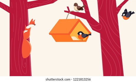 Bird house and squirrel on tree flat vector illustration