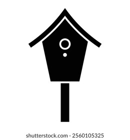 Bird house vector icon. Birdhouse symbol for outdoor decor, nature themes, and wildlife design. Black silhouette isolated on white background.