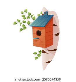 Bird house vector illustration isolated on a white background. Hand drawn colorful wooden birdhouse on birch tree. Hand made nest for spring or winter birds. Illustration for banners, cards, web.