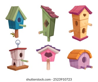 Casa de pájaros. Lugares lindos de madera para los pájaros nido de casa Vector exacto diferentes casas