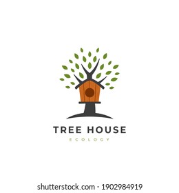Bird house, wooden tree house logo icon vector illustration
