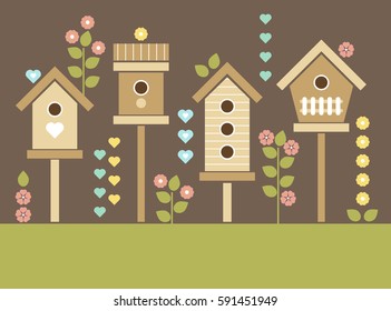 Bird Houses, Blooming Flowers and Hearts. Spring vector background.