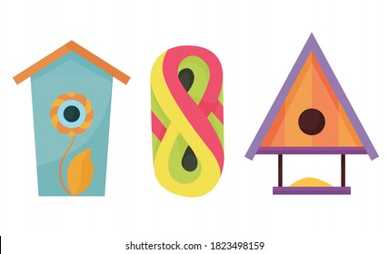 Bird houses. Cartoon vector birdhouse or wooden house for birds. Set of hanging nesting boxes for garden and home decor in flat design. Decorative flat vector elements for posters or banners