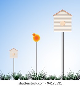 bird houses and grass, abstract vector art illustration; image contains transparency