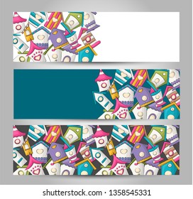 Bird houses horizontal banner set. Cute header for invitation, advertisement, web page. Hand drawn  doodle cartoon style cute baby kids design, summer and spring concept. Vector illustration.