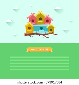 A lot of bird houses on one tree. Community concept. Good for flyer, booklets, poster, apps etc. Vector colorful illustration in flat style