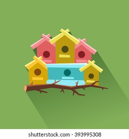 A lot of bird houses on one tree. Community concept. Flat icon. Vector colorful illustration in flat style