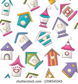Bird houses seamless pattern. Colorful childish decor repeat background. Hand drawn doodle cartoon style cute baby kids design, summer and spring concept. Vector illustration.
