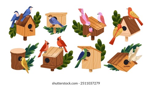 Conjunto de casas de pájaros. Lindos pajaritos de primavera en casas de madera con perchas y agujeros. Cajas de alimentación, refugios para anidar, pajareras de madera hechas a mano. Ilustraciones vectoriales planas aisladas sobre fondo blanco.