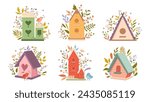 Bird houses set vector illustration. Birdhouse with a bird, homemade nests, feeders and homes, for summer and spring birds. Cartoon cute colorful birdhouses collection, feeder on garden tree