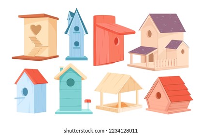 Bird houses set vector illustration. Cartoon cute colorful birdhouses collection, wooden box with heart hole, spring or summer homemade nest on garden tree, feeder with seeds and home for animals