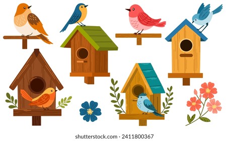 Bird houses set vector illustration. Birdhouse with a bird, homemade nests, feeders and homes, for summer and spring birds. Cartoon cute colorful birdhouses collection, feeder on garden tree