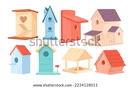 Bird houses set vector illustration. Cartoon cute colorful birdhouses collection, wooden box with heart hole, spring or summer homemade nest on garden tree, feeder with seeds and home for animals Сток-фото © 