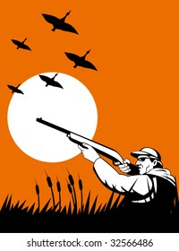 Bird hunter aiming with shotgun with ducks flying in the background