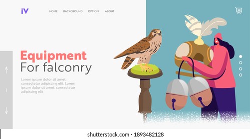 Bird Hunting Landing Page Template. Tiny Female Character Hold Huge Professional Equipment for Falconry. Woman with Falcon Hood and Bell Prepare for Show or Sport Training. Cartoon Vector Illustration