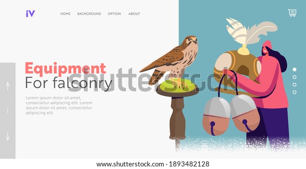 Bird Hunting Landing Page Template. Tiny\
Female Character Hold Huge Professional Equipment for Falconry.\
Woman with Falcon Hood and Bell Prepare for Show or Sport Training.\
Cartoon Vector\
Illustration