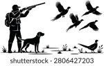 Bird Hunting Vector Silhouette: Hunter with Shotgun, Dog, and Flying Ducks