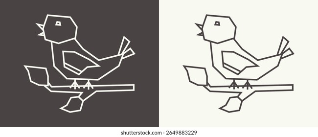 Bird Icon in Black Line Art and White Line Art Cutout Style