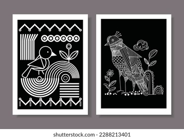Bird icon character on decorative ethnic style vintage vector illustration background. Line, black and white.