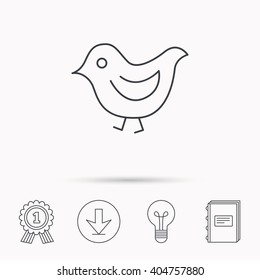 Bird icon. Chick with beak sign. Fowl with wings symbol. Download arrow, lamp, learn book and award medal icons.