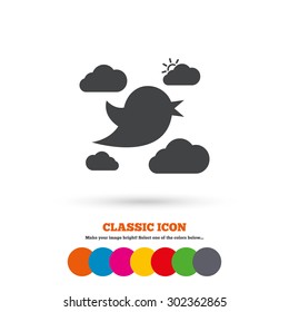 Bird icon. Clouds with sun. Classic flat icon. Colored circles. Vector