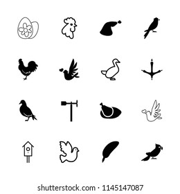 Bird icon. collection of 16 bird filled and outline icons such as dove, chicken, feather, meat leg, weather vane, rooster, goose. editable bird icons for web and mobile.