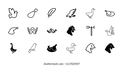 Bird icon. collection of 18 bird filled and outline icons such as chicken, goose, eagle, wings, feather, meat leg, weather vane. editable bird icons for web and mobile.